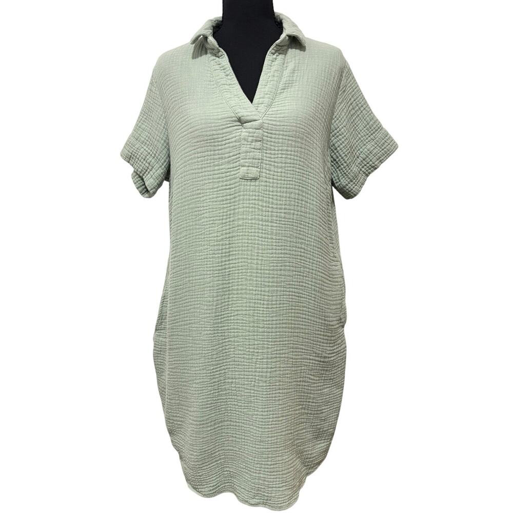 Three Dots Double Gauze Shirt Dress Women M Green 100% Cotton Pockets